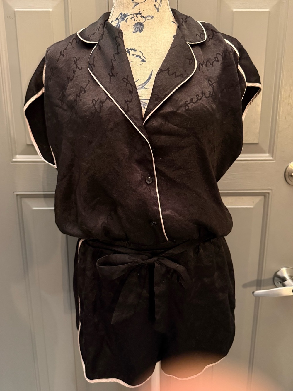 Victoria's Secret Black Satin Short Pajama Set with White Piping
